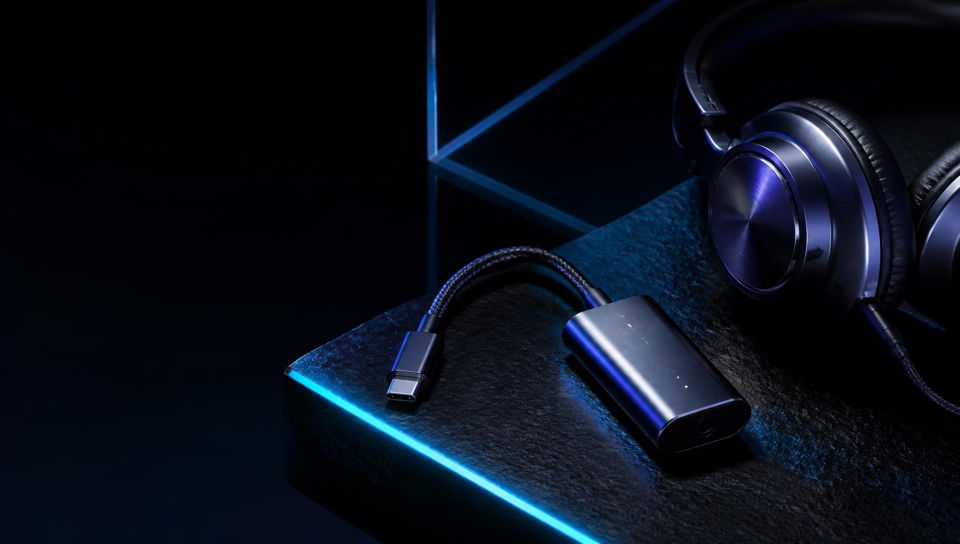 Compact DAC and headphones in a dark architectural studio